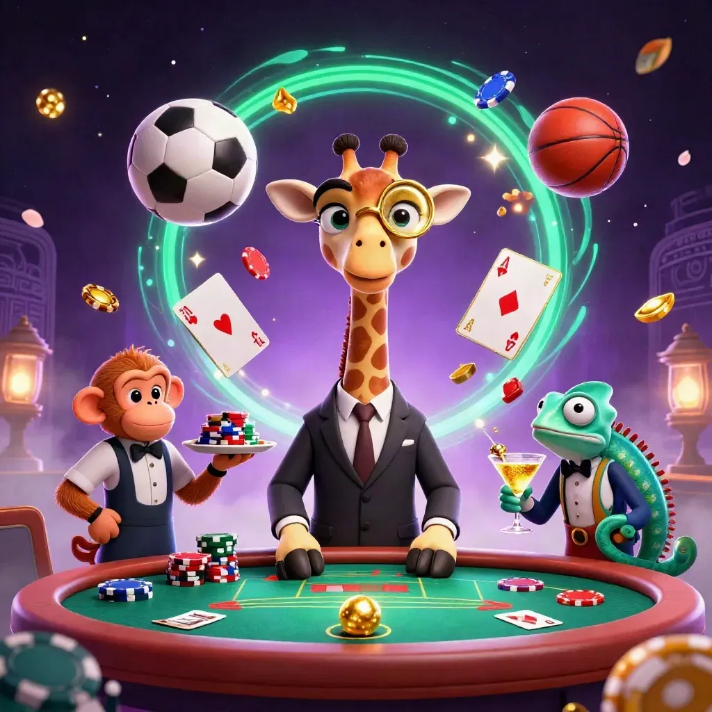 Giraffe, aap en kameleon bij poker, met zwevende sportballen en gouden casinochips.