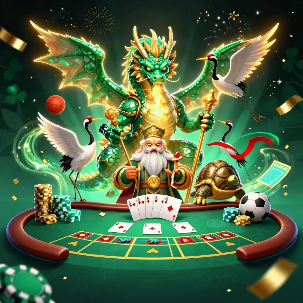 Drie casinodieren met poker, ballen en goudlicht in een luxe donkergroene scène.