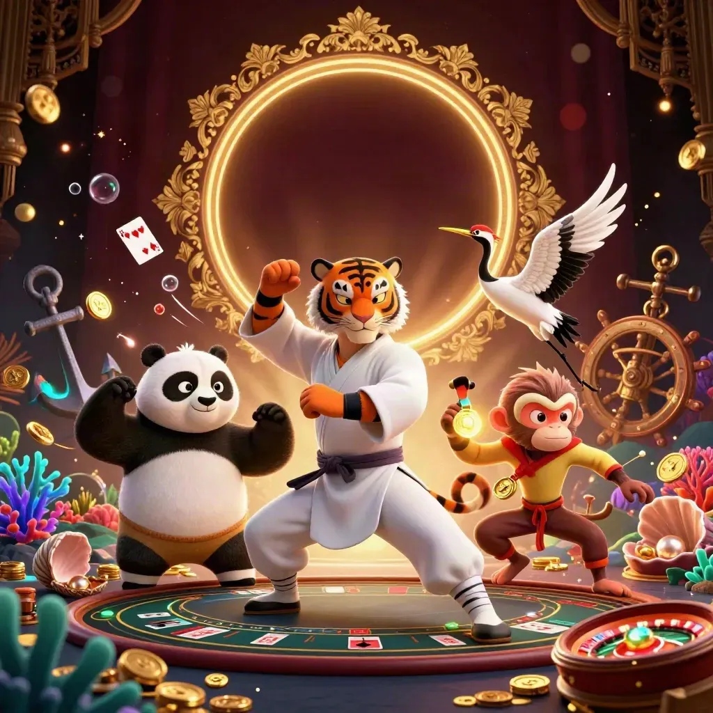 Tijgermaster, panda en aap in een luxe casinogrot met goud, neon en schatten.