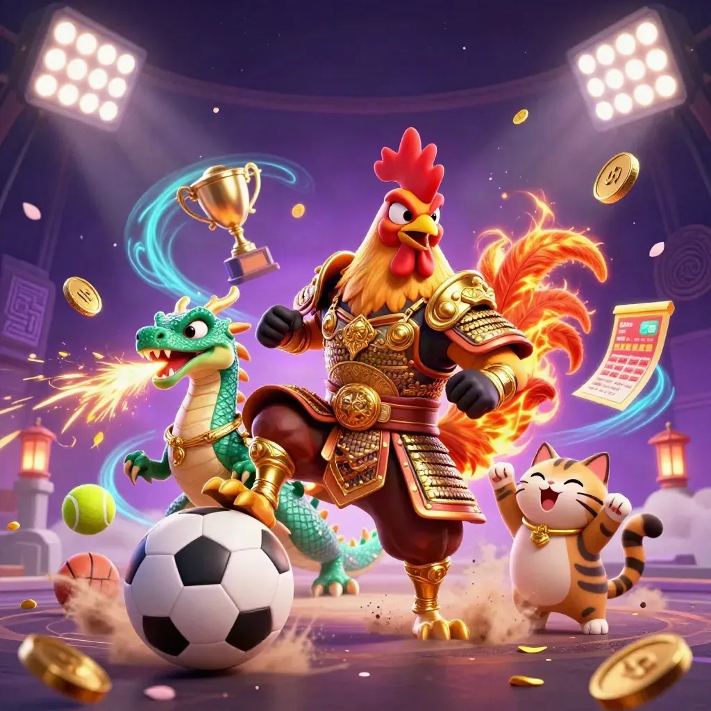 Kartelrooster, draakje en gelukskat tussen zwevende sportballen en gouden licht.