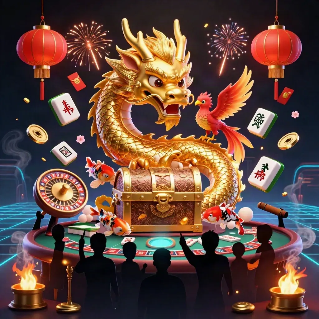 Gouden draak rond schatkist in luxe casino, met koi, mahjong en neonlicht.