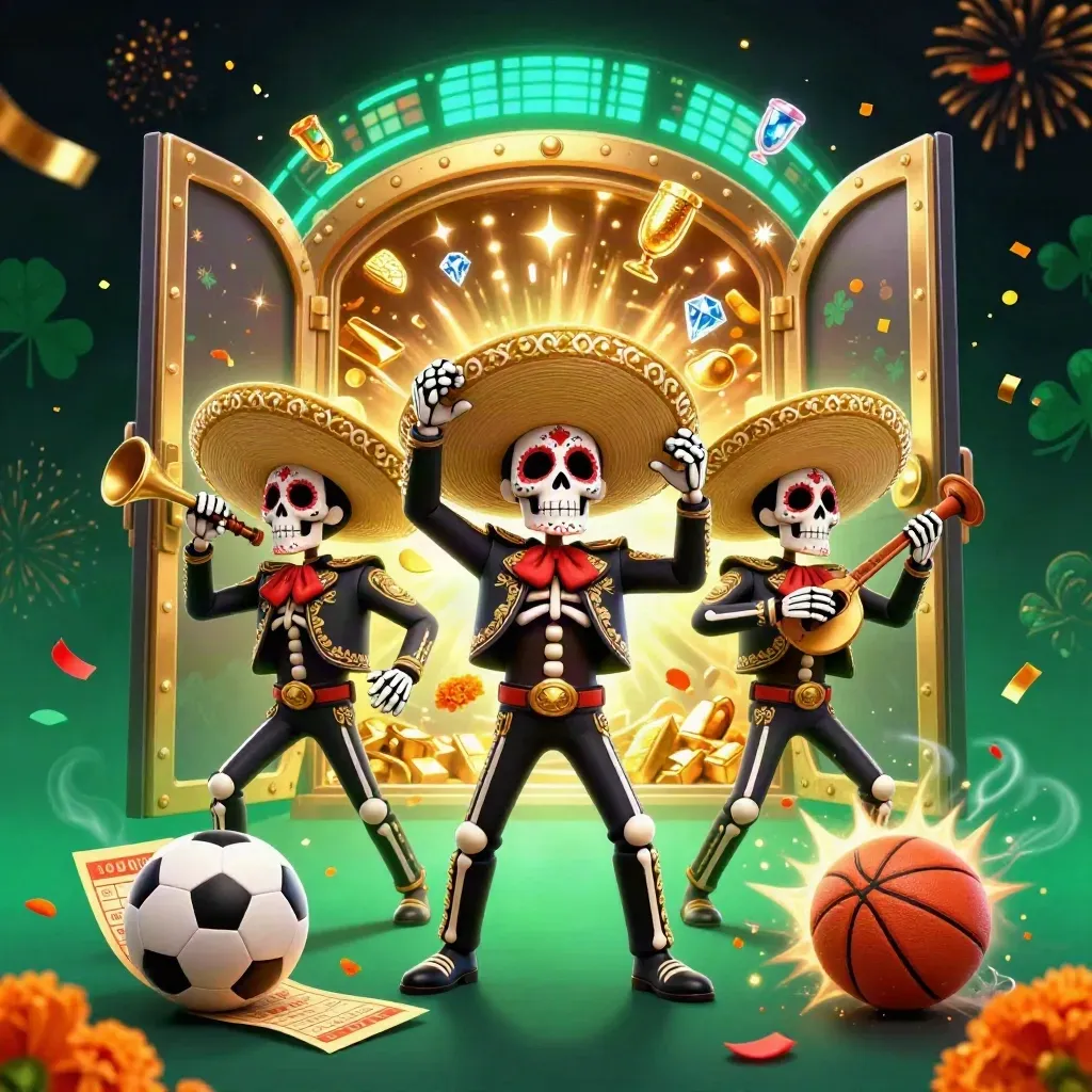 Drie skelet-mariachi’s bij een open kluis met goud, ballen en neon casino-glans