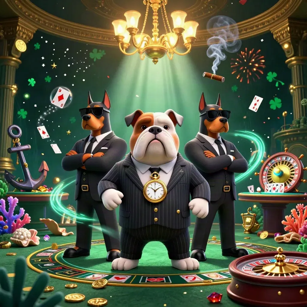 Drie bulldogs in luxe casinostijl met Dobermanns, goud, koraal en licht in een donkere emerald setting.