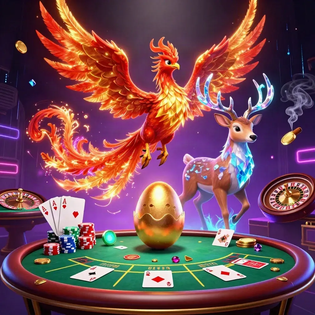 Fantasie-casinoscène met feniks, hert en neon goud in een luxe speelkamer.