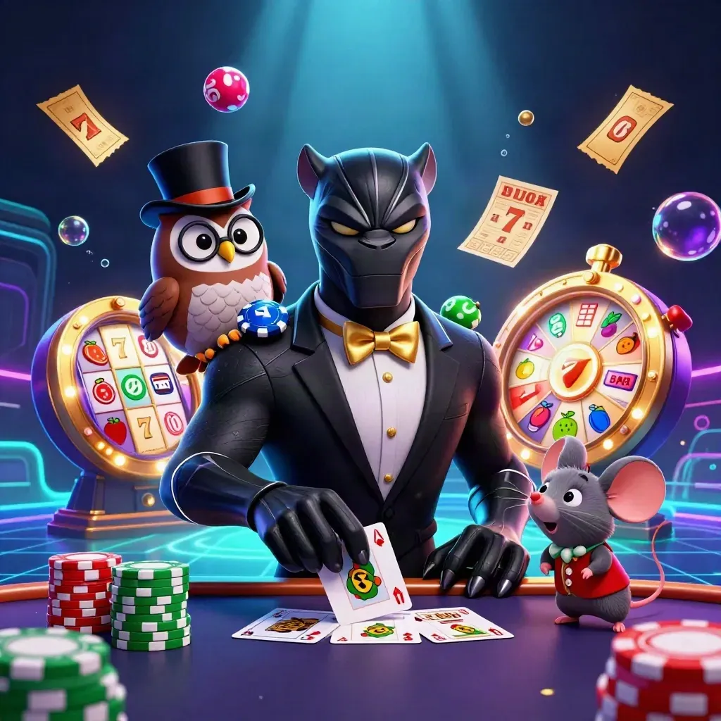 Zwarte panter, uil en muis in luxe casinoscène met fiches, licht en glans.