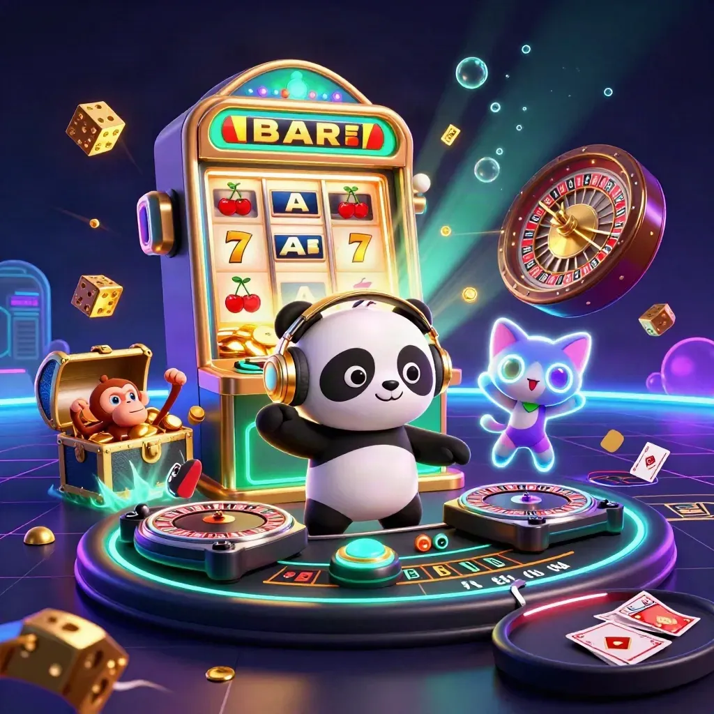 3D cartoon panda, aap en kitten in luxe neon casinoscène met goud en licht