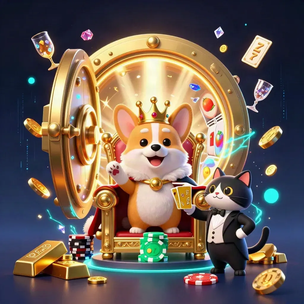 Koninglijke corgi en kattenbutler op chips, met schatten, neon en goudexplosies.