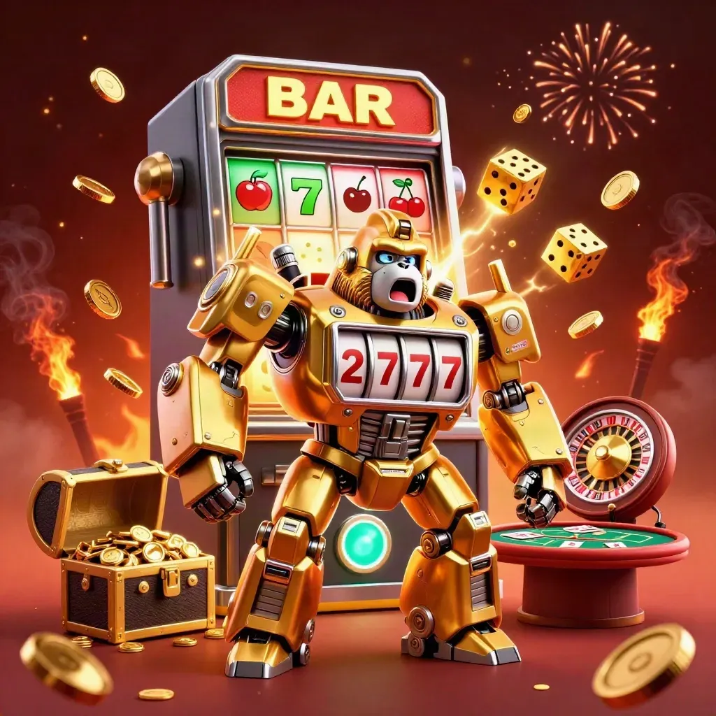 Gouden gorillamecha met gokkastdelen, mini-aapje, munten, vonken en luxe casino-energie.