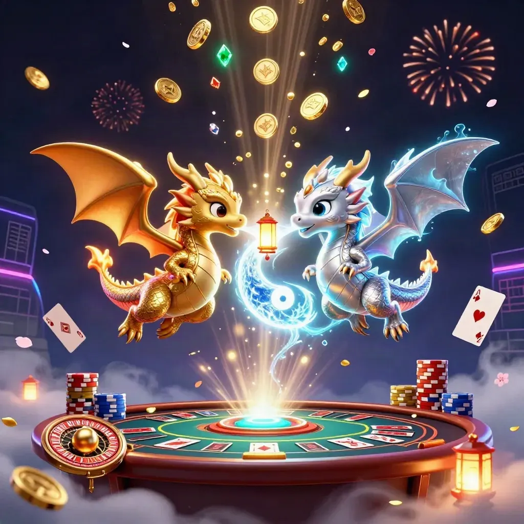 Twee draken in goud en zilver met munten, kaarten, neon en casino-magie.