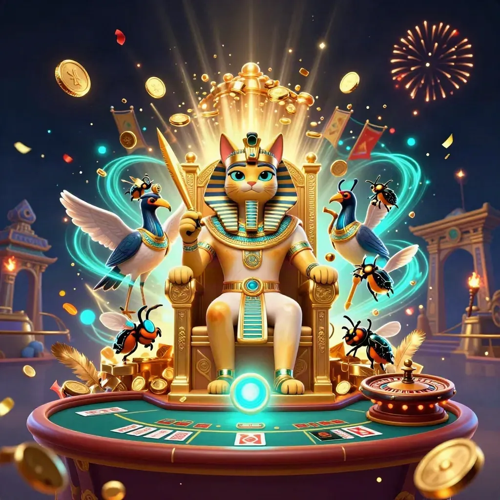 Pharaohkat op troon met ibis en scarabeeën, goudregen, roulette en vuurwerk in luxe casino-stijl.