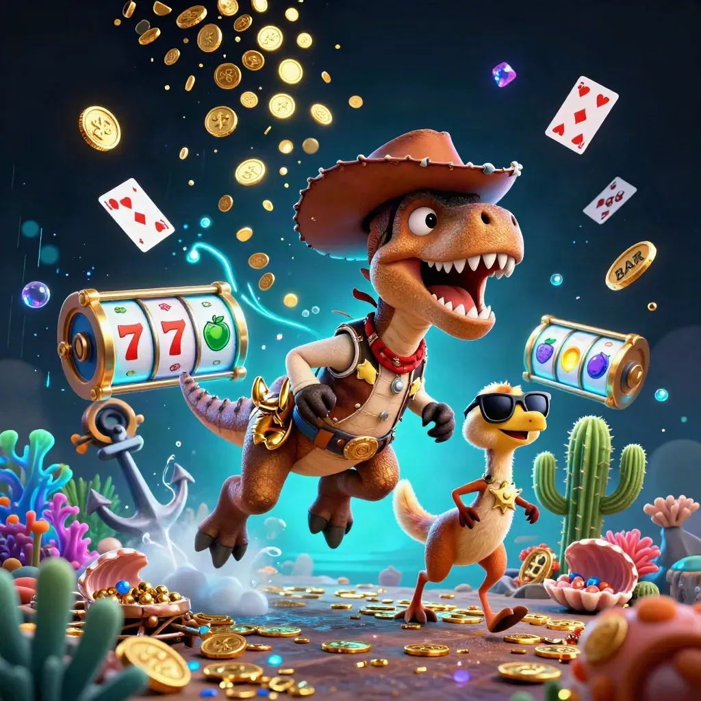 3D cowboy-T-Rex met cactus en sheriff-roadrunner tussen goud, koraal en neonblauw.