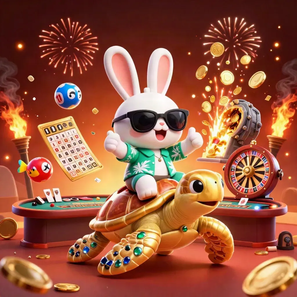 Konijn op gouden schildpad met prijzen, fiches, munten en vurige casino-energie.