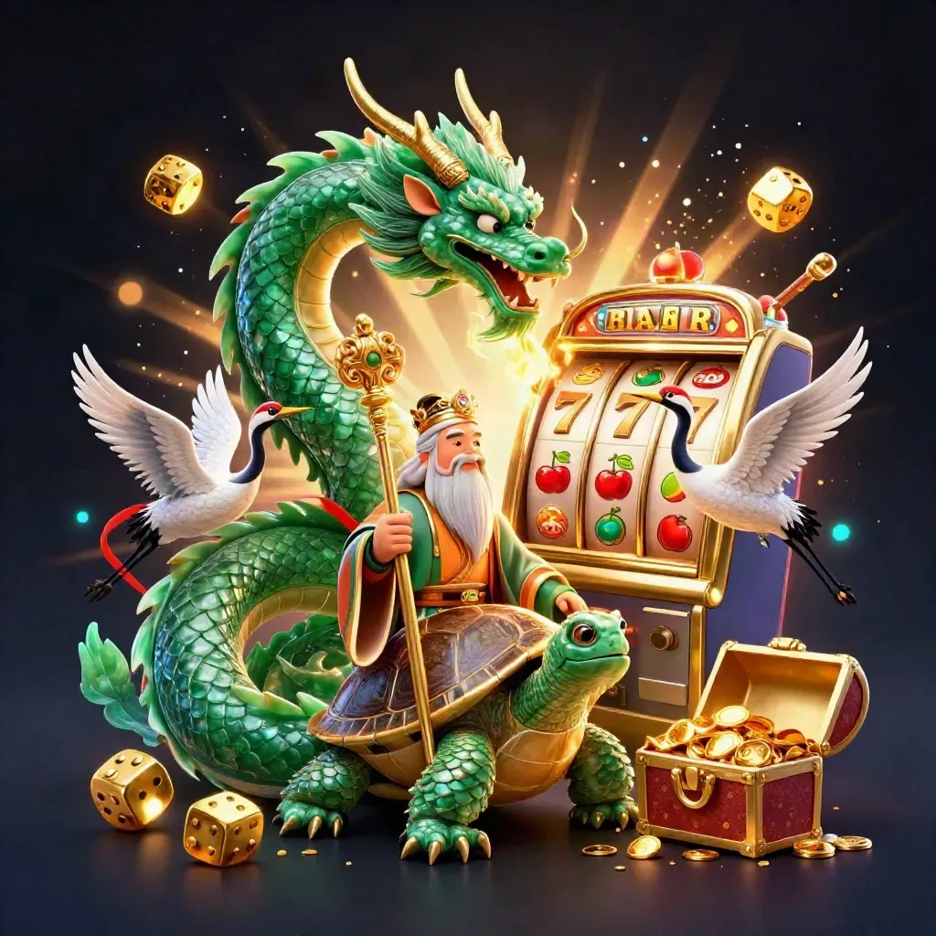 Emeraldgroene draak met schildpad en kraanvogels tussen slots, goud en neonlicht.