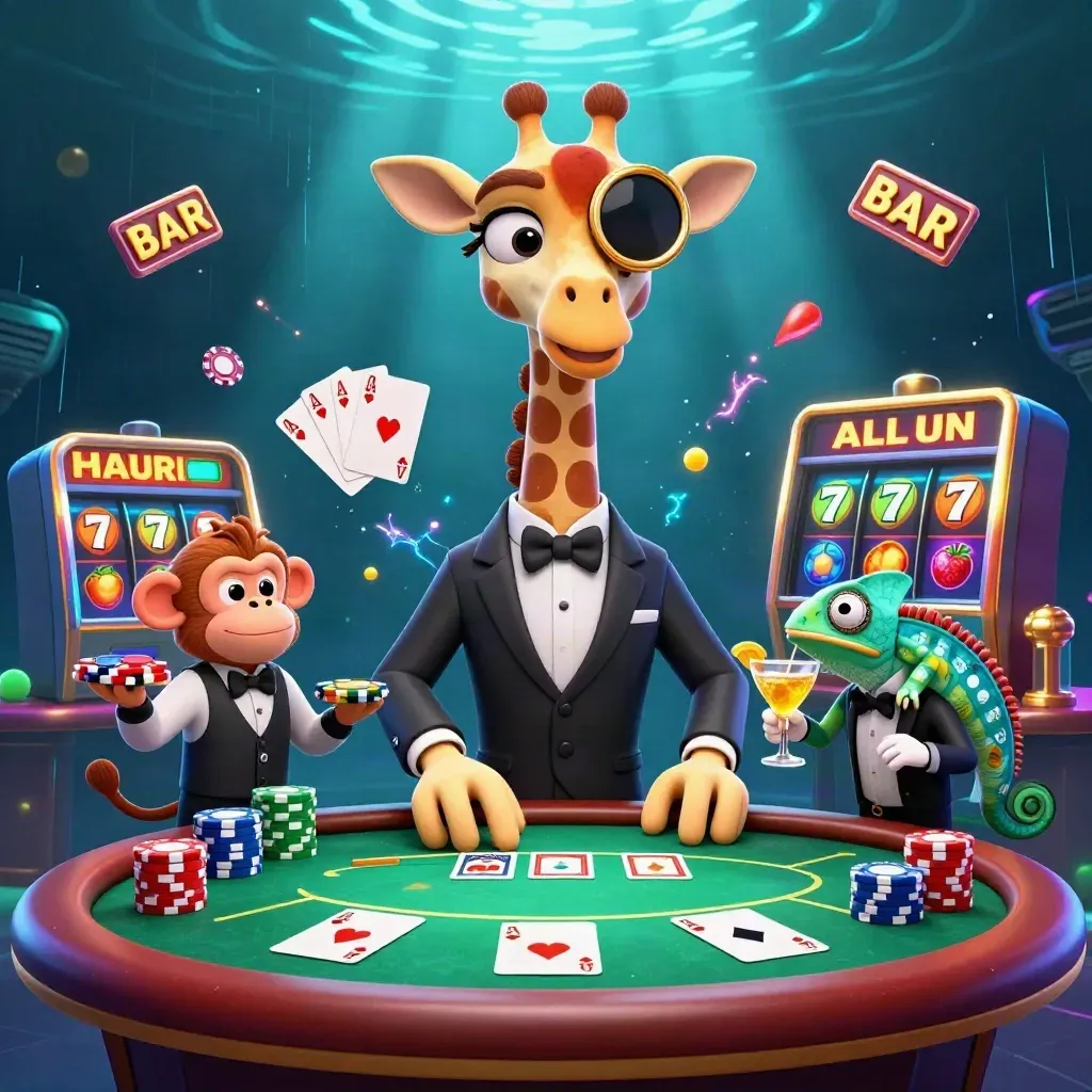 3D cartoon giraffe, aap en kameleon rond poker tafel met neon chips en blauwe casinogloed