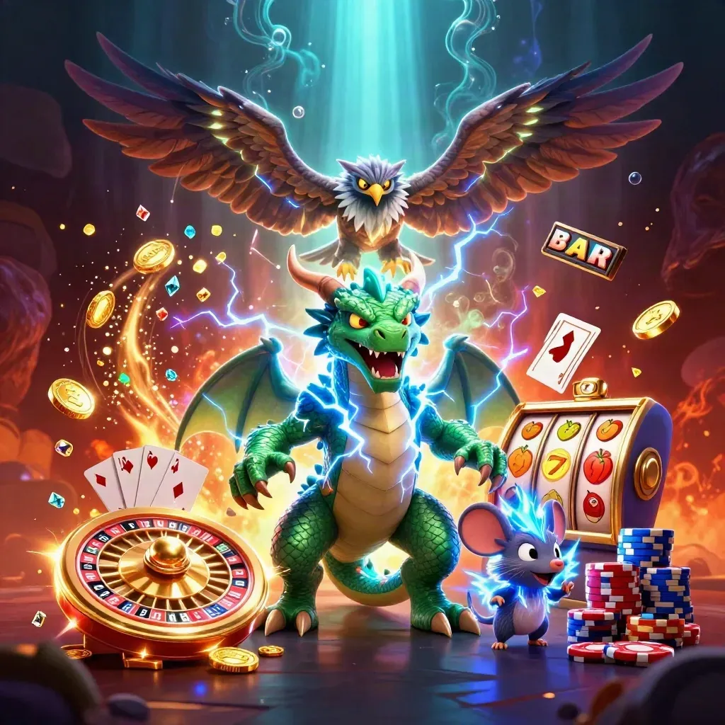 Drie casino-dieren met bliksem, munten, chips en neon gloed in luxe stijl.