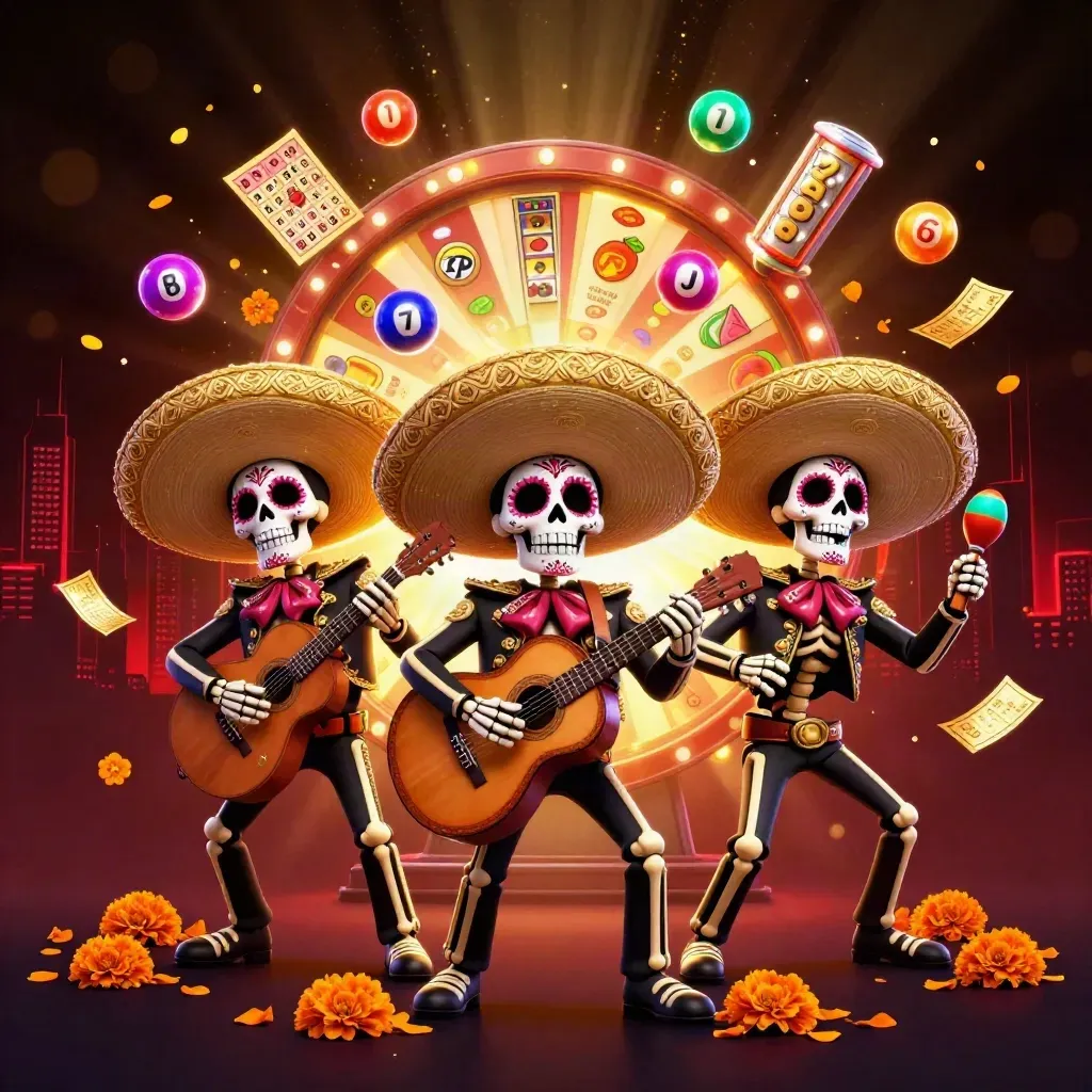 Drie skeletten-mariachi’s met loterijballen, jackpotwiel en goudstof voor donkere casino-luxe.
