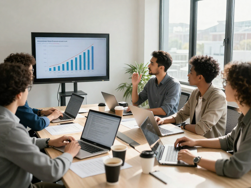Professionals bespreken zakelijke lening mogelijkheden in een moderne kantooromgeving met financiële grafieken en laptops